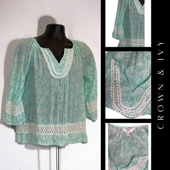 EUC Womens Crown & Ivy Mint Green/White Boho Blouse Medium - Picture 1 of 10
